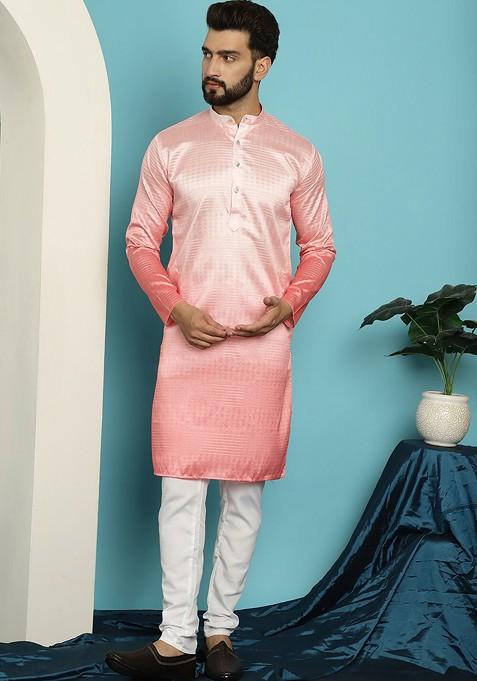 Pink Woven Silk Kurta Set For Men
