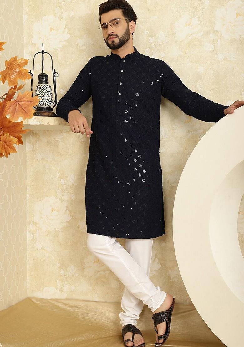 Navy Blue Thread Work Cotton Kurta Set For Men