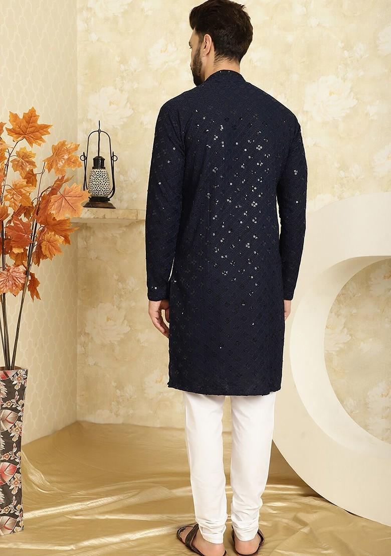 Navy Blue Thread Work Cotton Kurta Set For Men