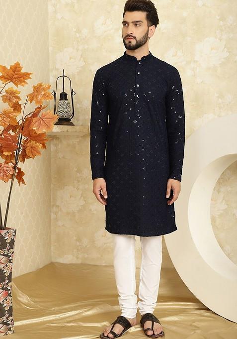 Navy Blue Thread Work Cotton Kurta Set For Men