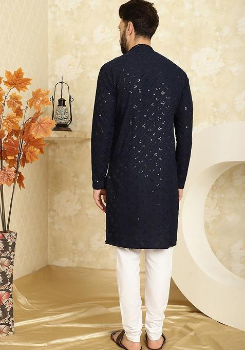 Navy Blue Thread Work Cotton Kurta Set For Men