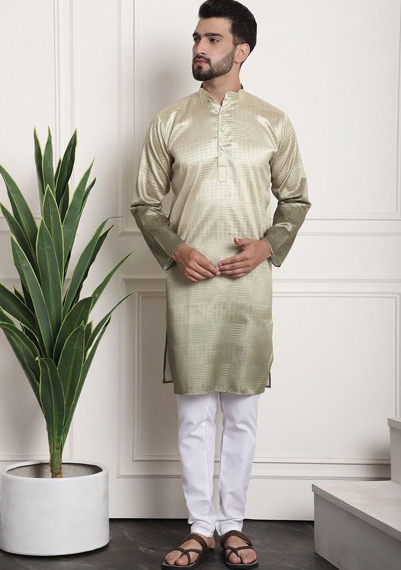 Gold Woven Poly Blend Kurta Set For Men
