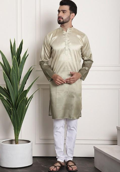 Gold Woven Poly Blend Kurta Set For Men