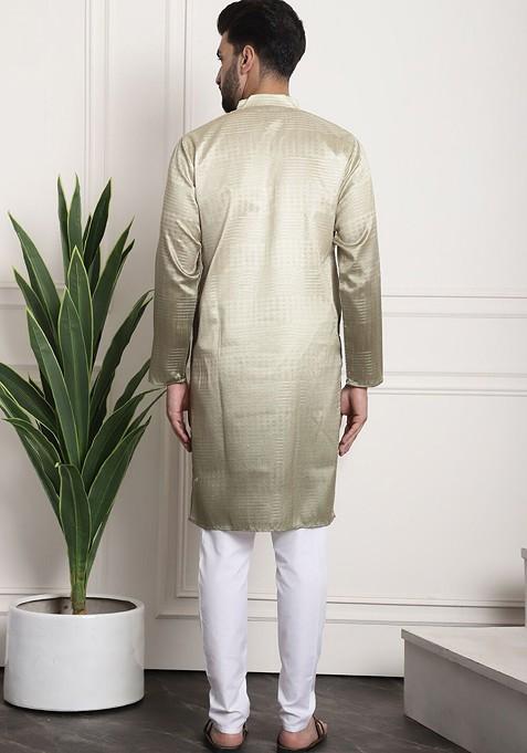 Gold Woven Poly Blend Kurta Set For Men