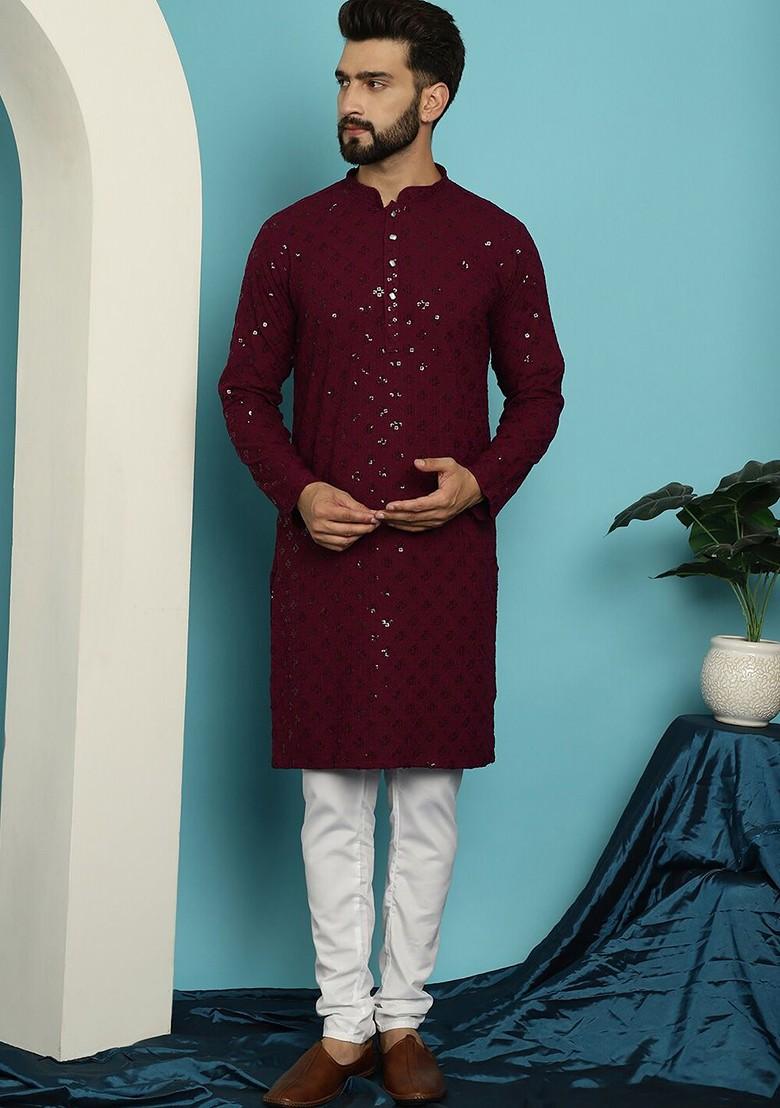 Purple Embroidered Cotton Kurta Set For Men