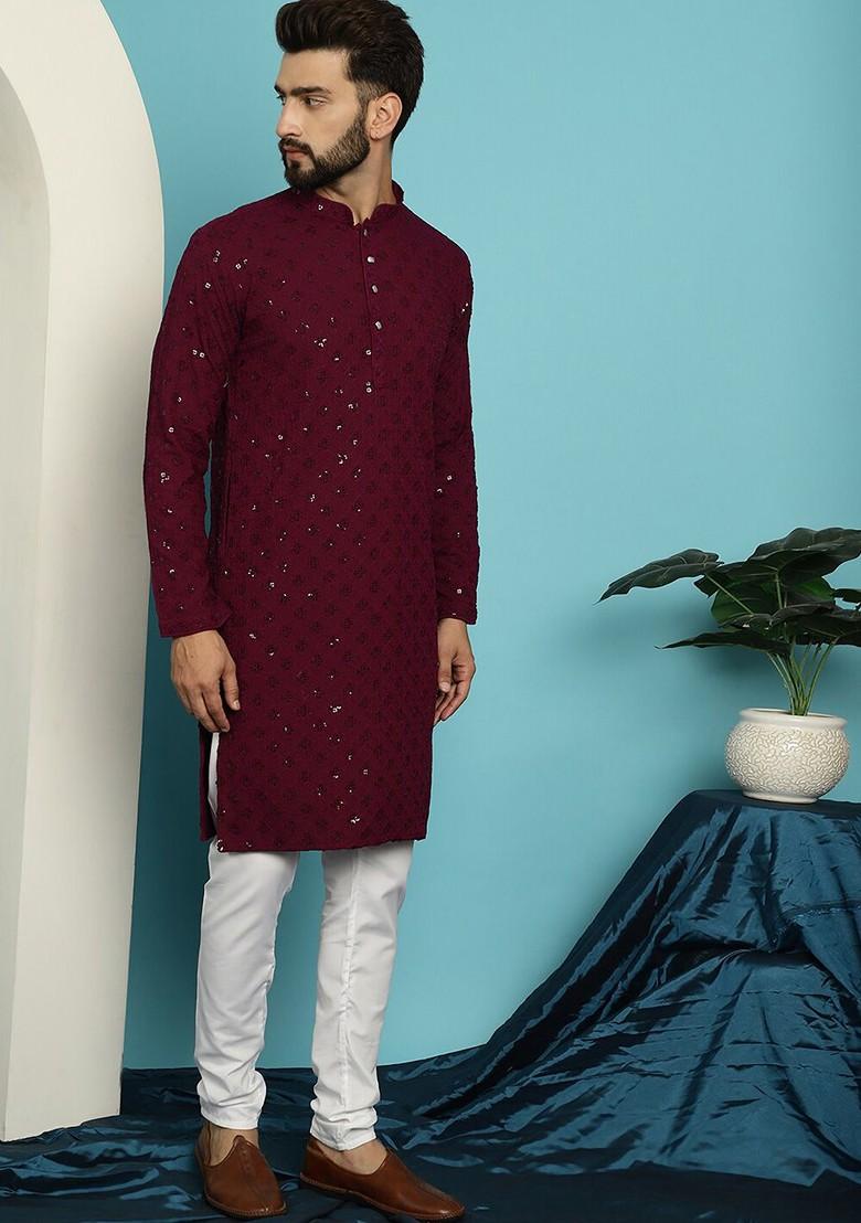Purple Embroidered Cotton Kurta Set For Men