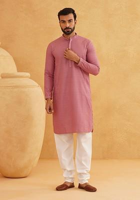Coral Pink Thread Work Cotton Kurta Set For Men