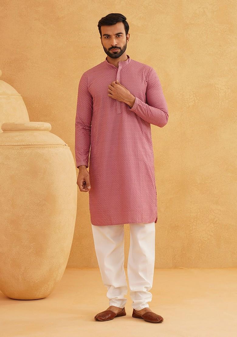 Coral Pink Thread Work Cotton Kurta Set For Men