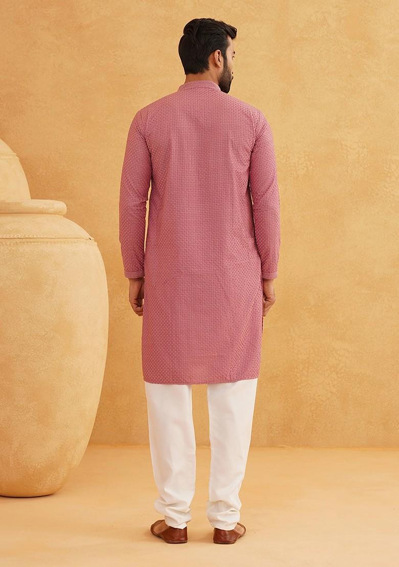 Coral Pink Thread Work Cotton Kurta Set For Men