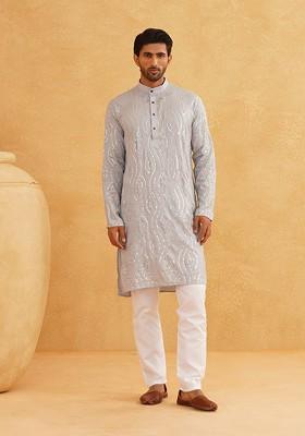 Grey Embroidered Cotton Kurta Set For Men
