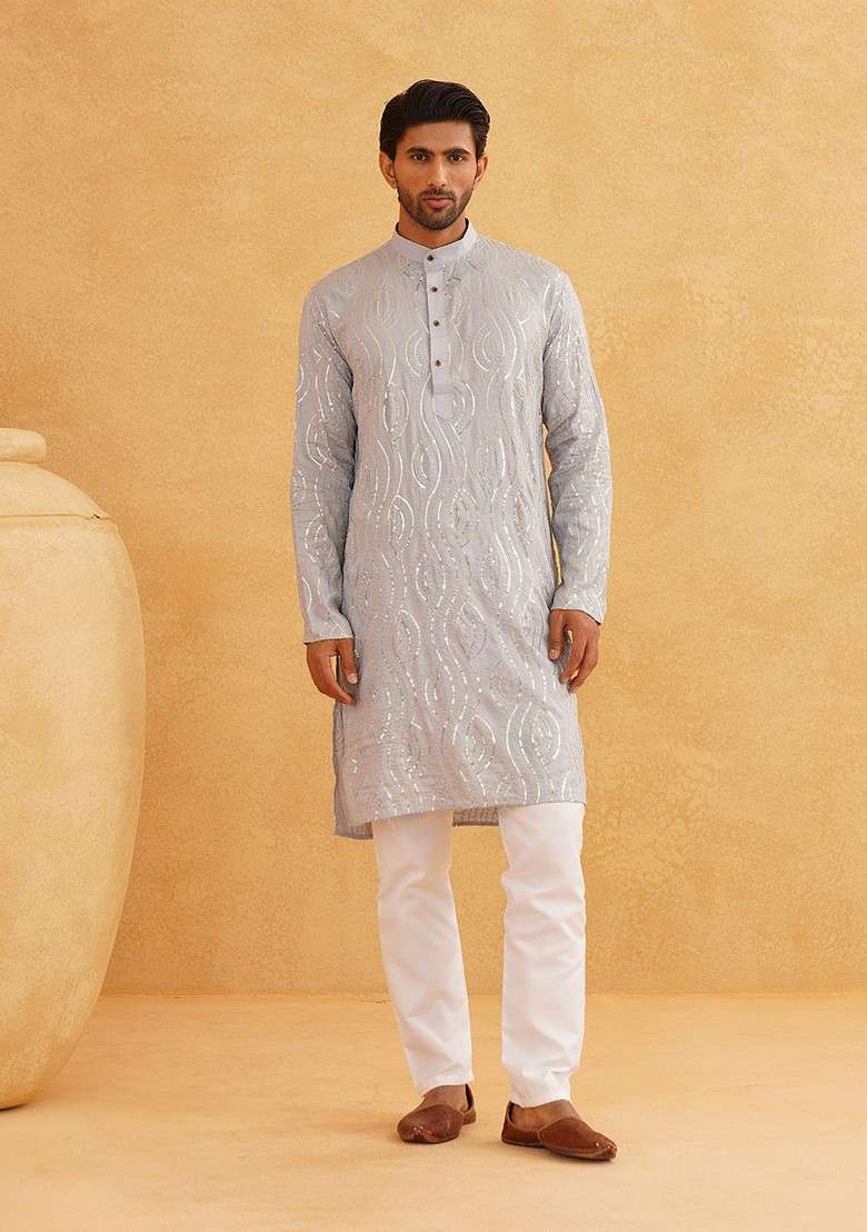 Grey Embroidered Cotton Kurta Set For Men - Indya
