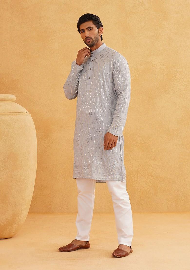 Grey Embroidered Cotton Kurta Set For Men
