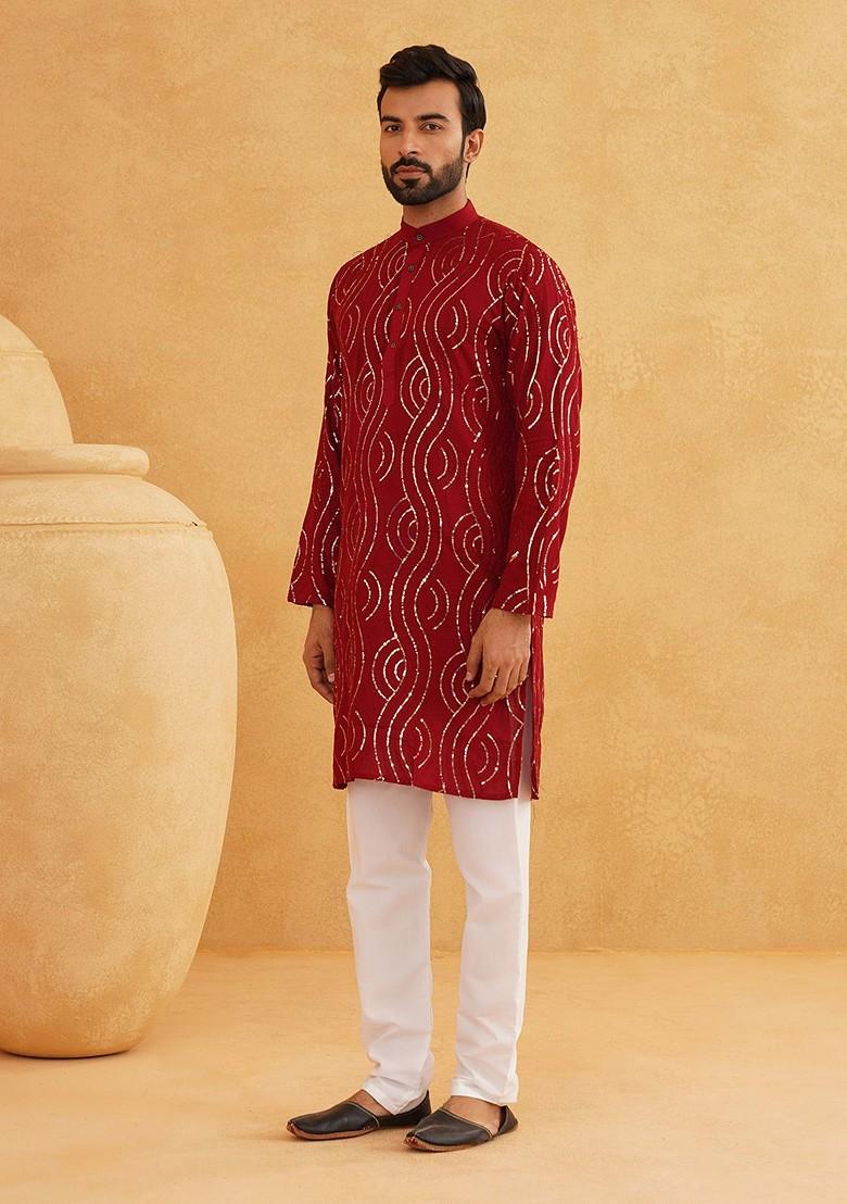 Maroon Embroidered Cotton Kurta Set For Men