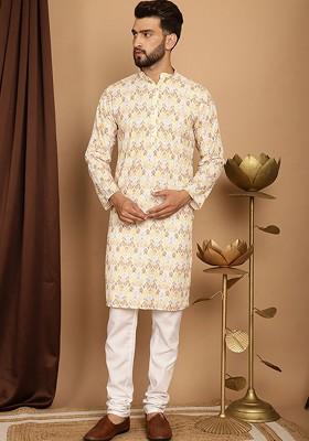 Yellow Thread Work Cotton Kurta Set For Men
