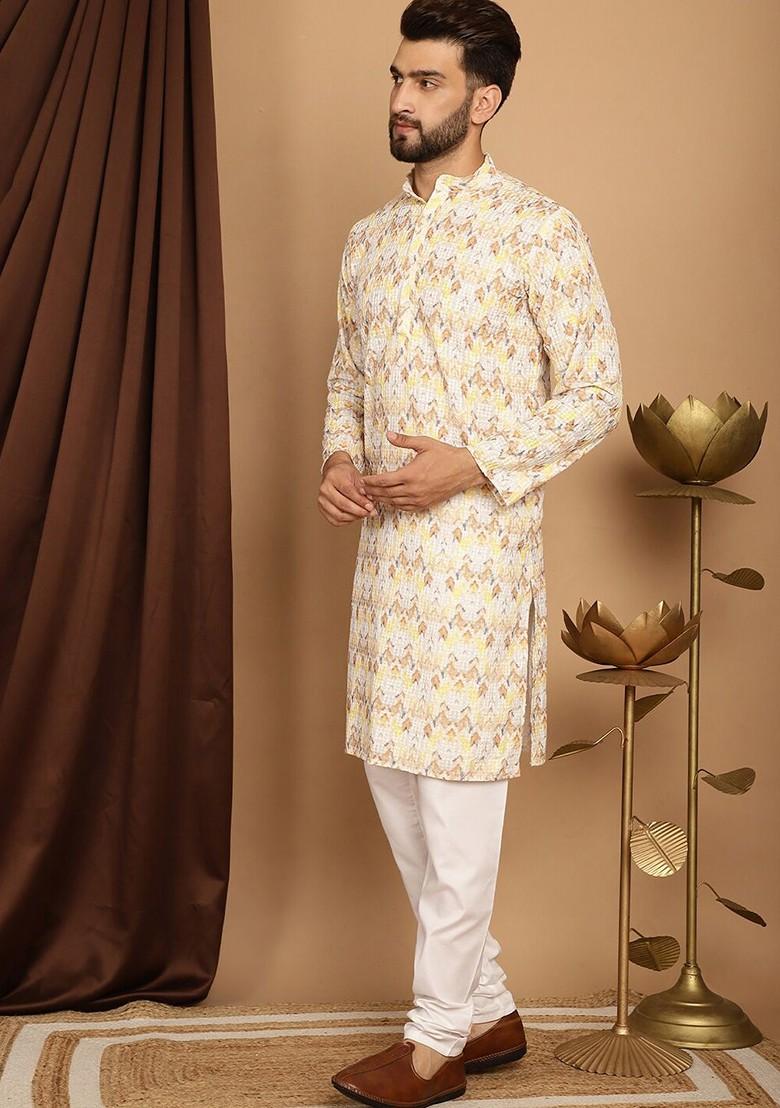 Yellow Thread Work Cotton Kurta Set For Men