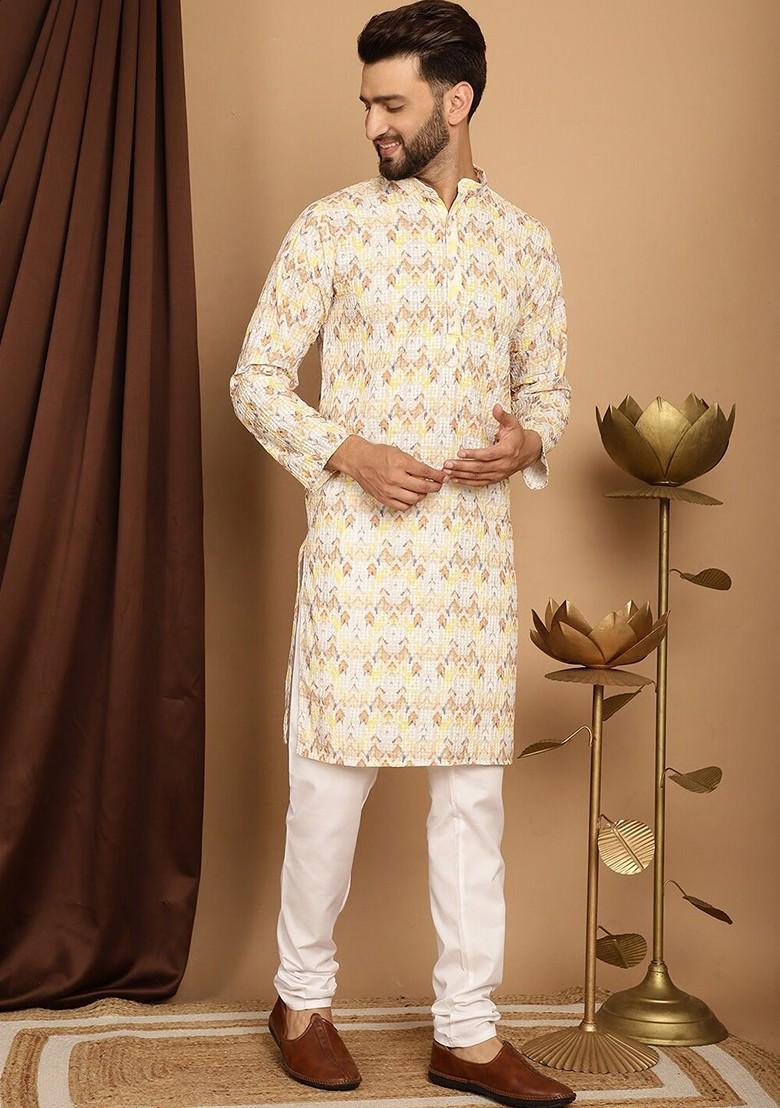 Yellow Thread Work Cotton Kurta Set For Men