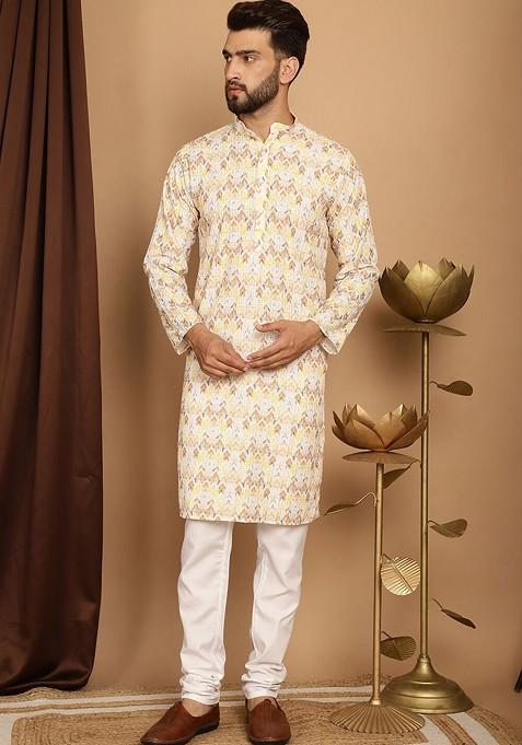 Yellow Thread Work Cotton Kurta Set For Men