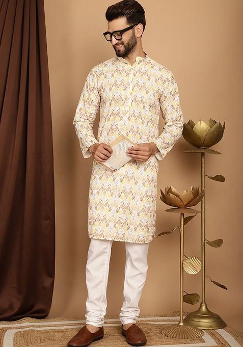 Yellow Thread Work Cotton Kurta Set For Men