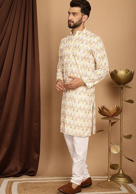 Yellow Thread Work Cotton Kurta Set For Men