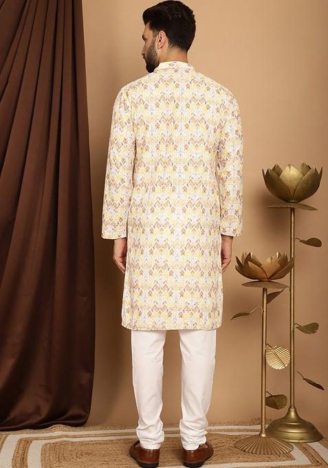 Yellow Thread Work Cotton Kurta Set For Men