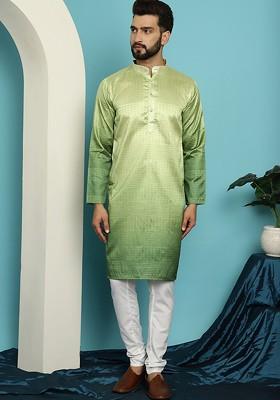Green Striped Jacquard Kurta Set For Men