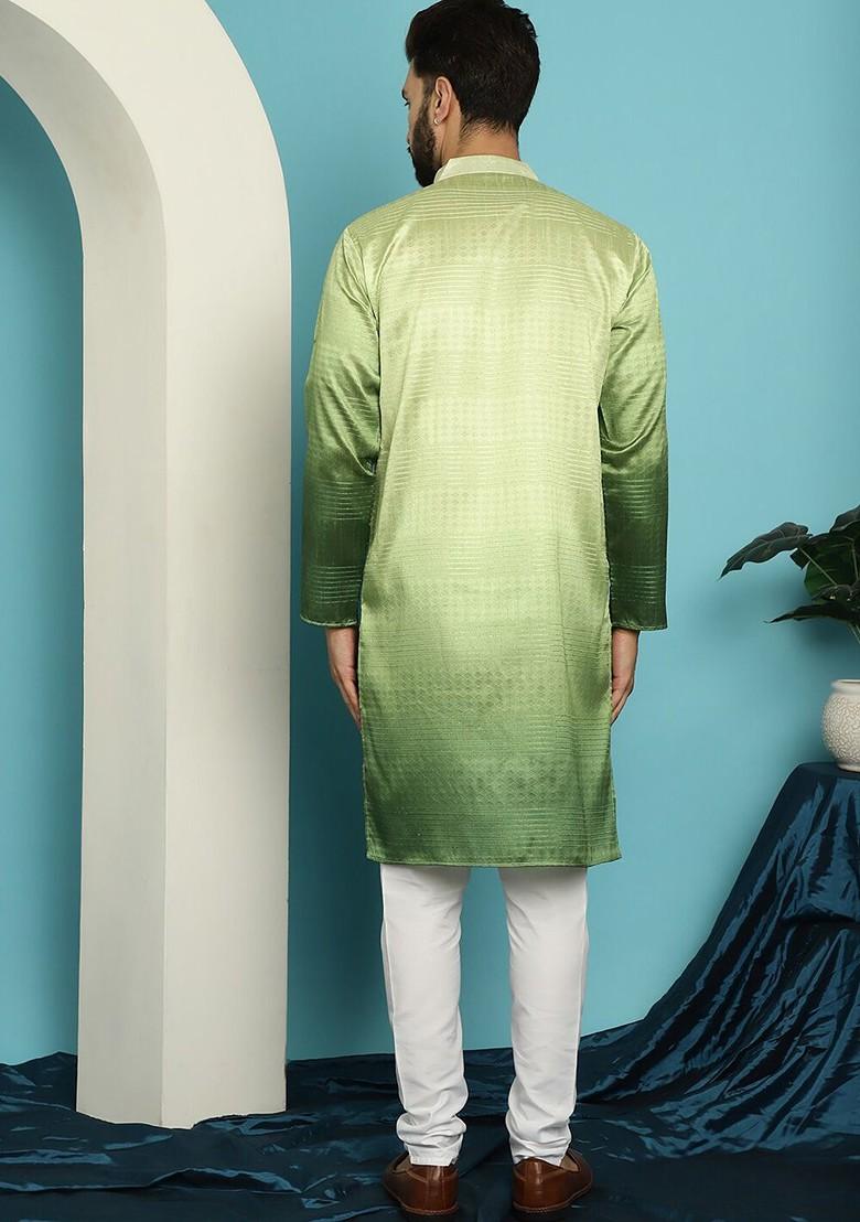 Green Striped Jacquard Kurta Set For Men