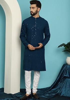 Teal Blue Embroidered Cotton Kurta Set For Men