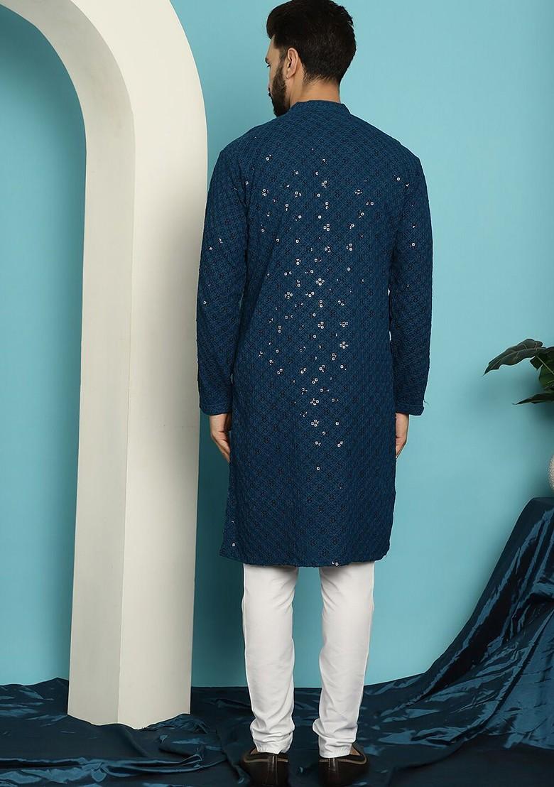 Teal Blue Embroidered Cotton Kurta Set For Men