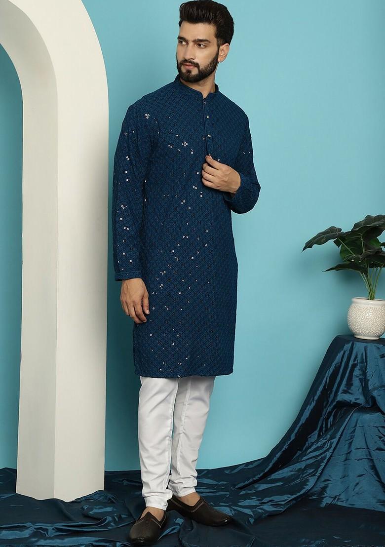 Teal Blue Embroidered Cotton Kurta Set For Men