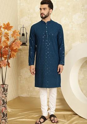 Teal Blue Embroidered Cotton Kurta Set For Men