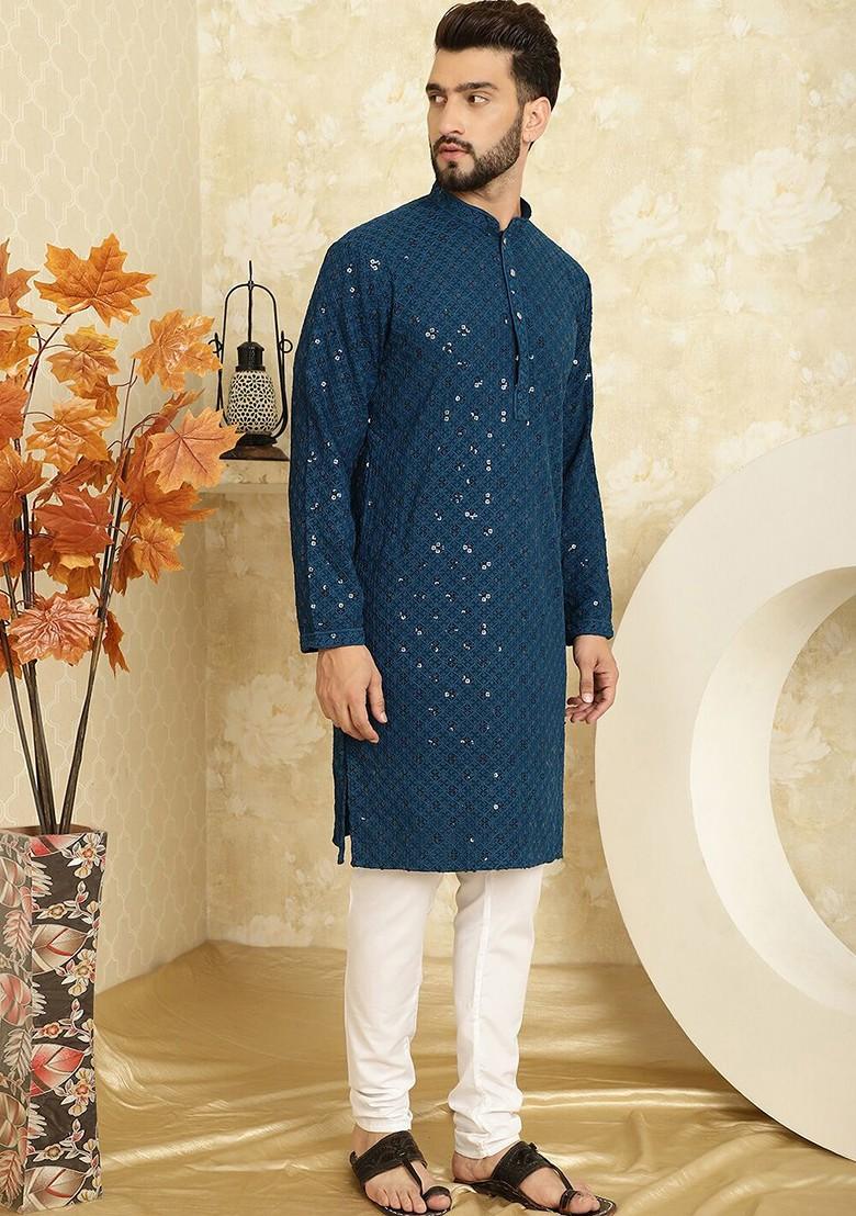 Teal Blue Embroidered Cotton Kurta Set For Men