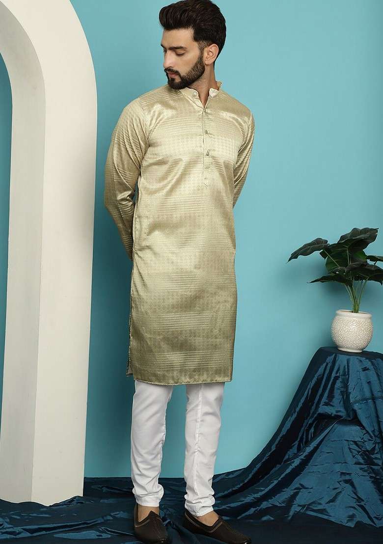 Gold Woven Cotton Kurta Set For Men - Indya