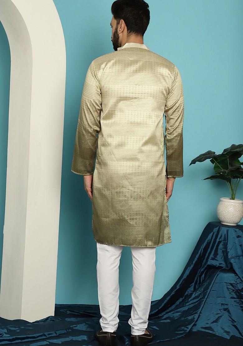 Gold Woven Cotton Kurta Set For Men