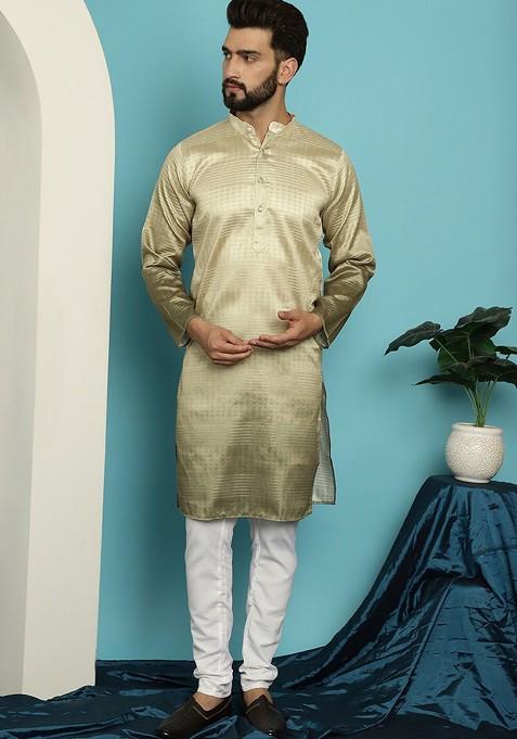 Gold Woven Cotton Kurta Set For Men — view on Indya