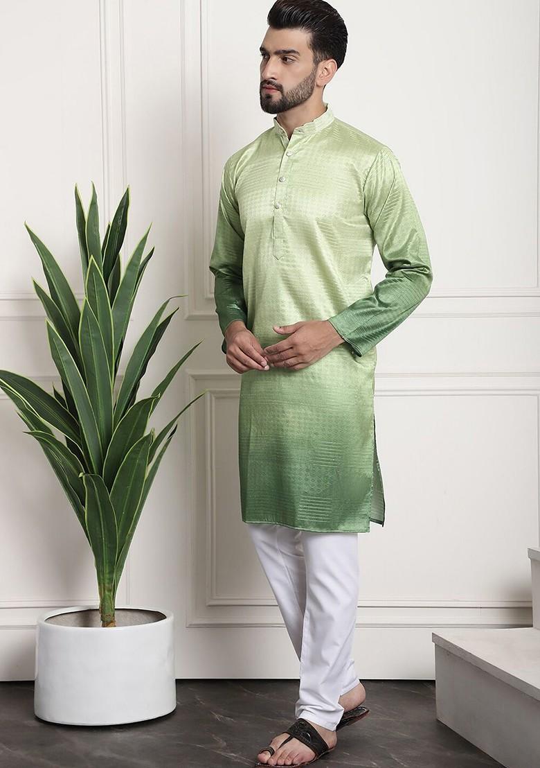 Green Woven Poly Blend Kurta Set For Men