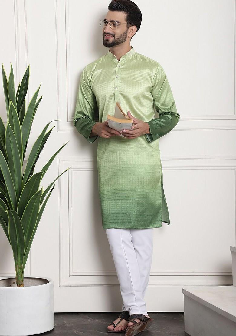 Green Woven Poly Blend Kurta Set For Men