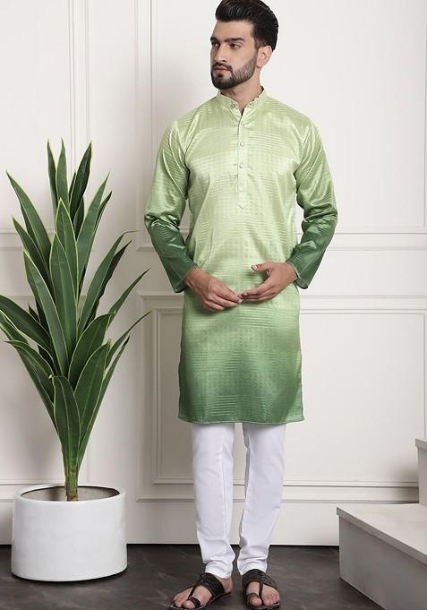 Green Woven Poly Blend Kurta Set For Men