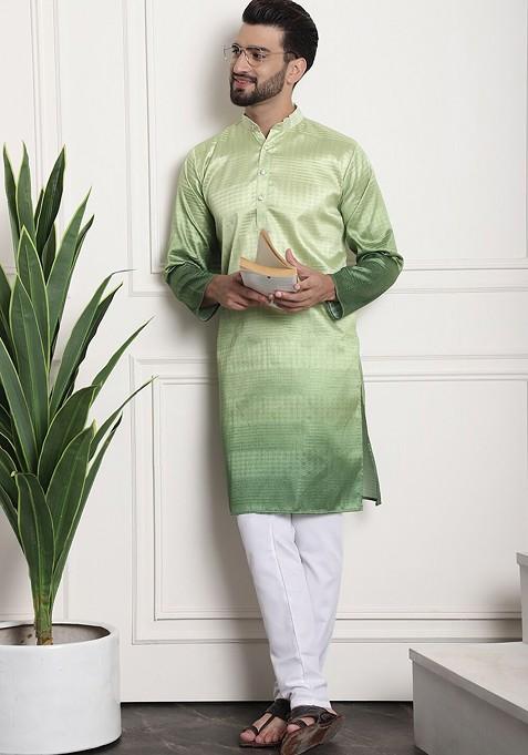 Green Woven Poly Blend Kurta Set For Men