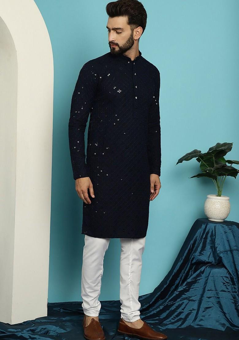 Navy Blue Embroidered Cotton Kurta Set For Men