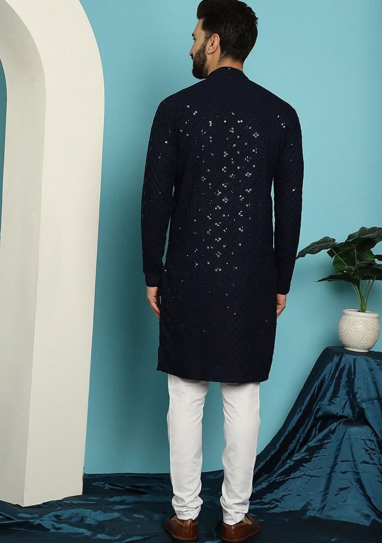 Navy Blue Embroidered Cotton Kurta Set For Men