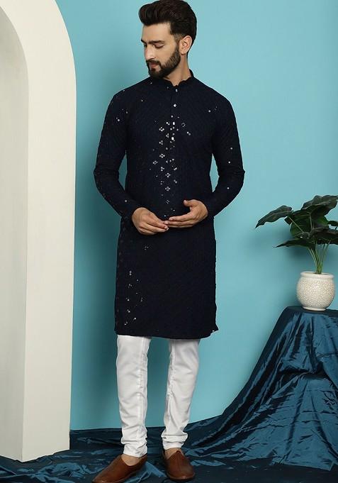Navy Blue Embroidered Cotton Kurta Set For Men
