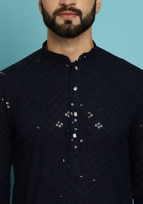 Navy Blue Embroidered Cotton Kurta Set For Men