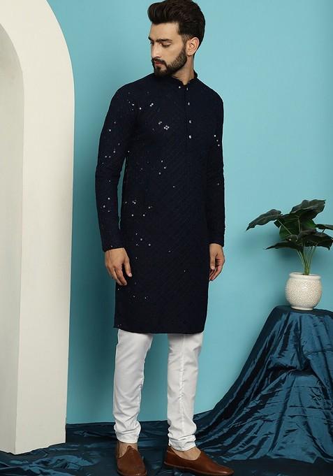 Navy Blue Embroidered Cotton Kurta Set For Men