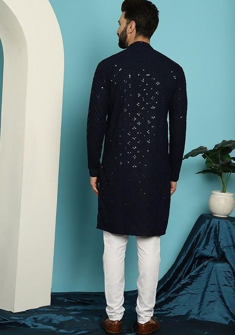 Navy Blue Embroidered Cotton Kurta Set For Men