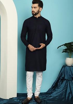 Navy Blue Thread Work Cotton Kurta Set For Men
