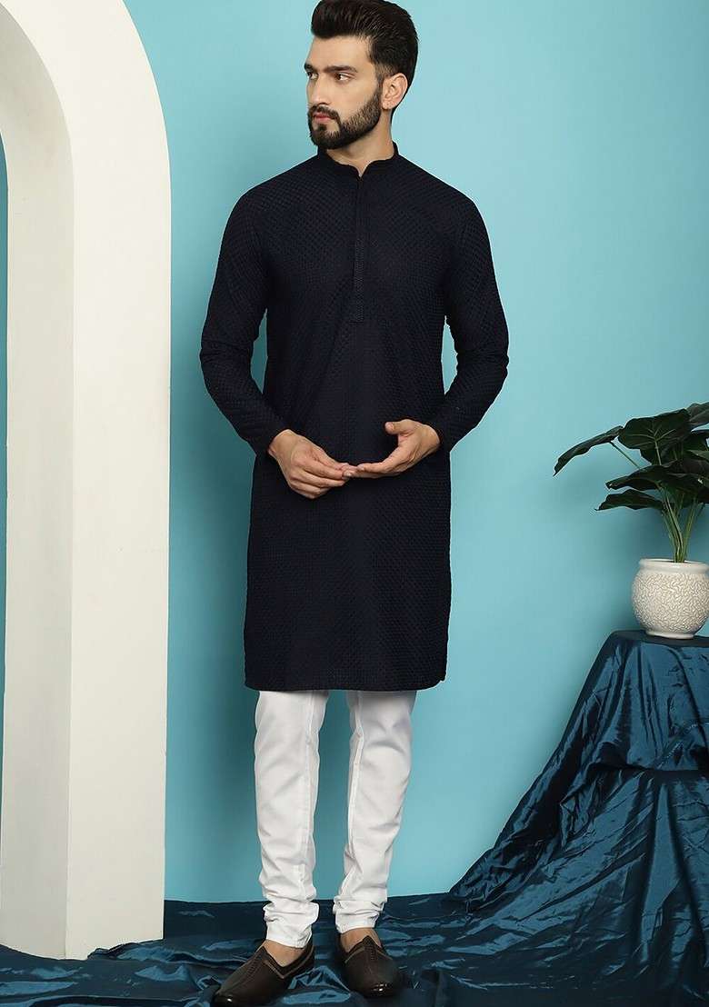 Navy Blue Thread Work Cotton Kurta Set For Men - Indya