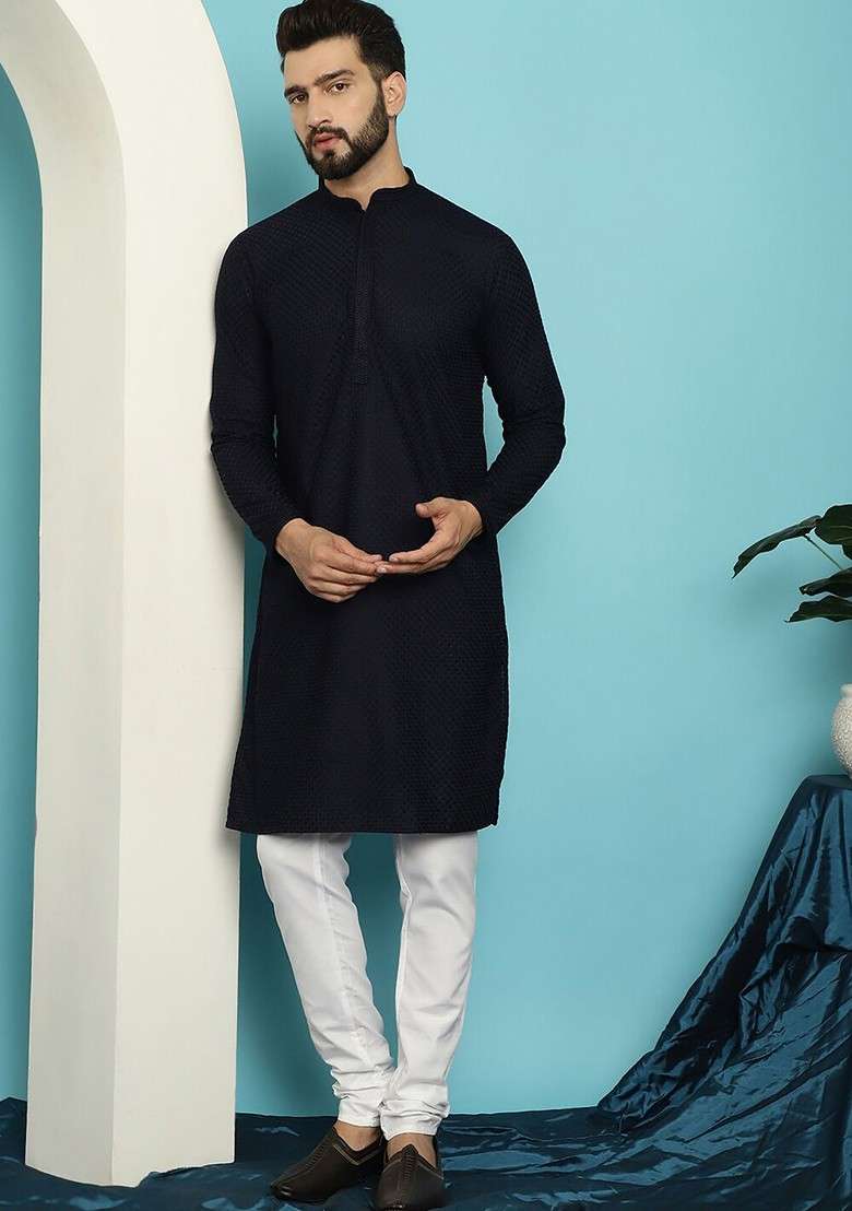 Navy Blue Thread Work Cotton Kurta Set For Men - Indya