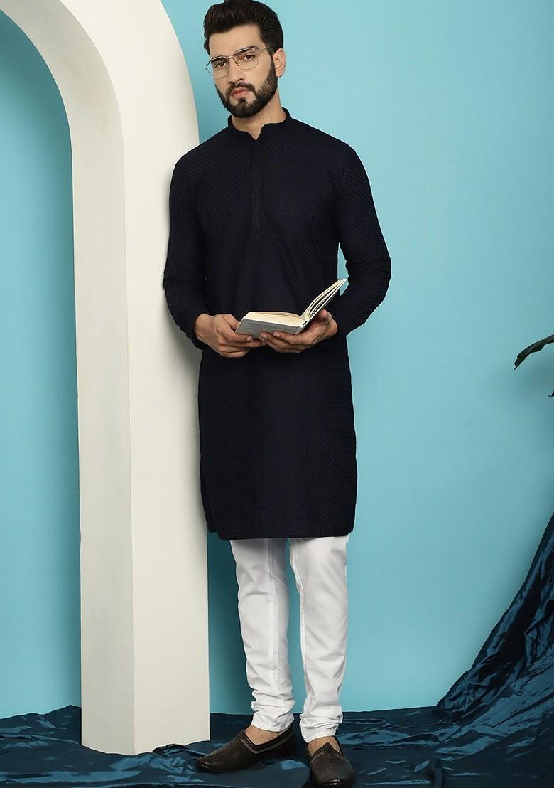 Navy Blue Thread Work Cotton Kurta Set For Men