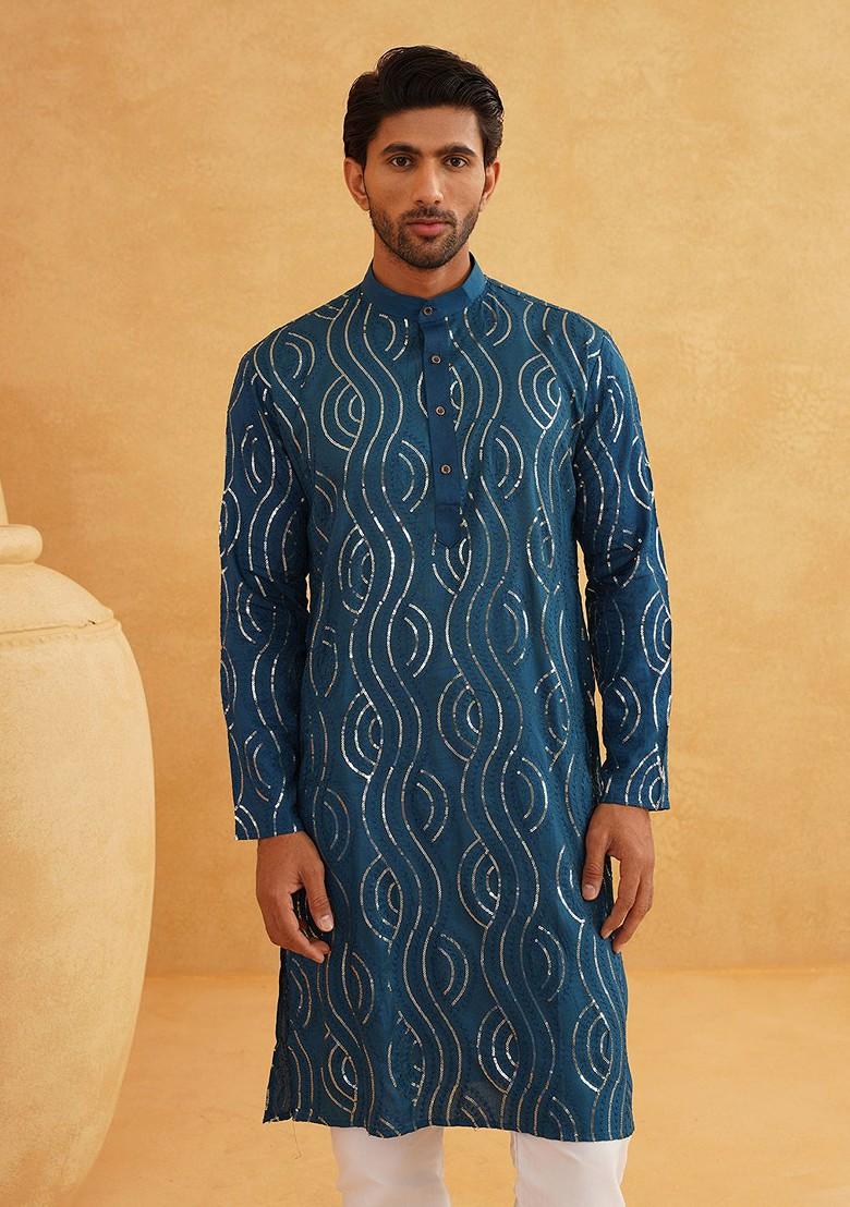Teal Blue Embellished Cotton Kurta Set For Men