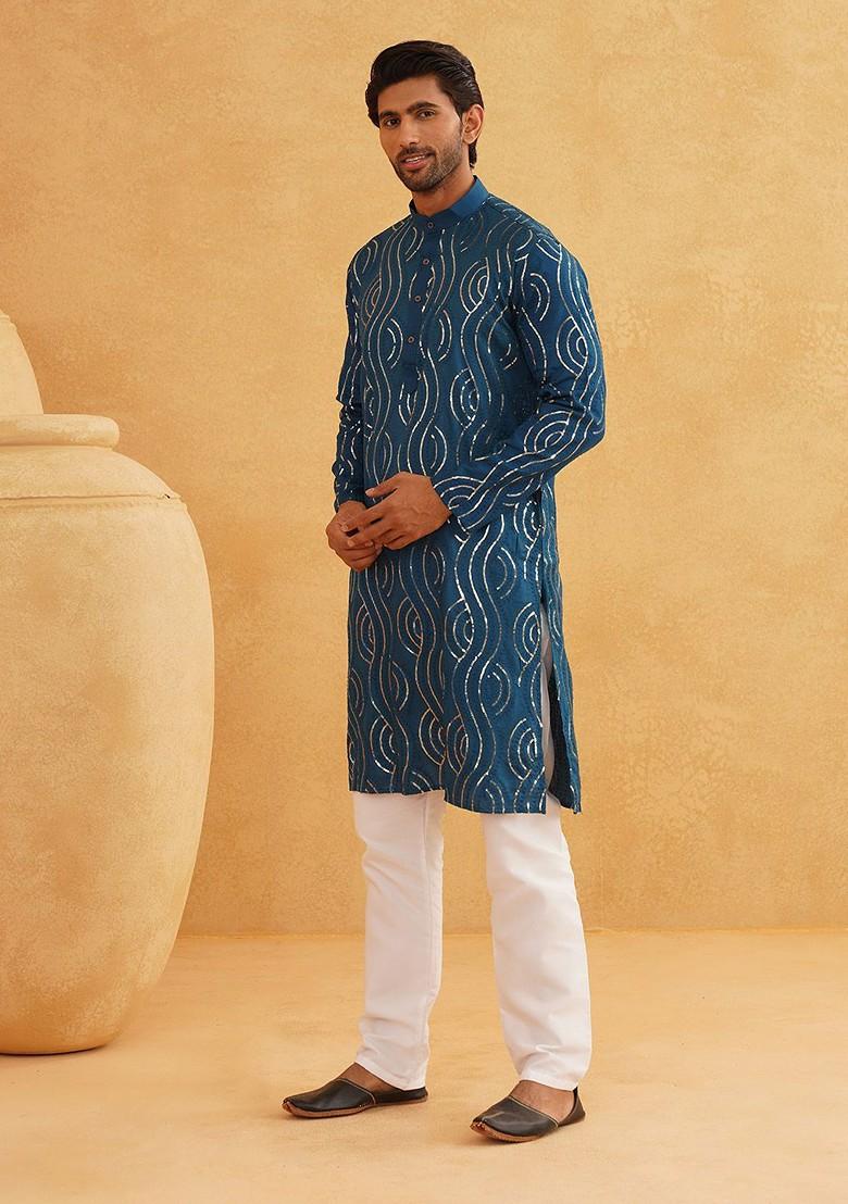Teal Blue Embellished Cotton Kurta Set For Men